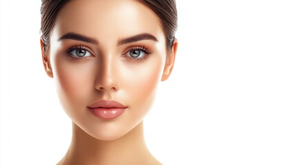Fototapeta premium Beautiful young Asian woman with clean and fresh glowing skin on white background showcasing face care and facial treatment in spa setting