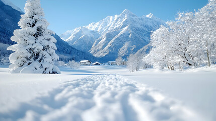 Obraz premium Snowy mountain valley winter path; village background