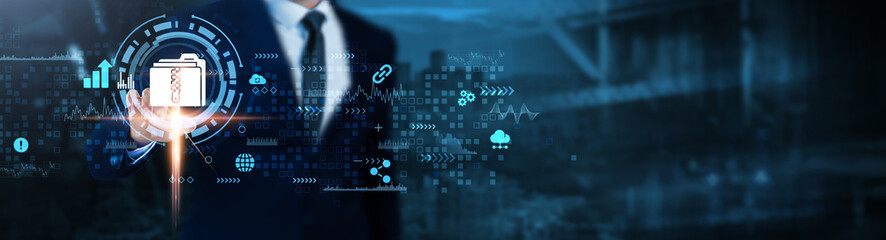 Open Data: Transparency, accessibility, collaboration, innovation, information sharing, analytics, data-driven decisions, Businessman analyses open technological data.