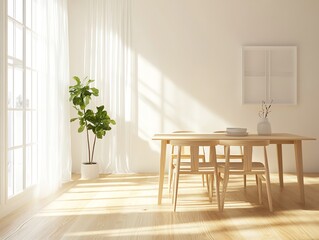 Bright, minimalist dining room with wooden table and chairs, sunlit.