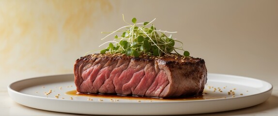 Close up of a medium rare steak in restaurant