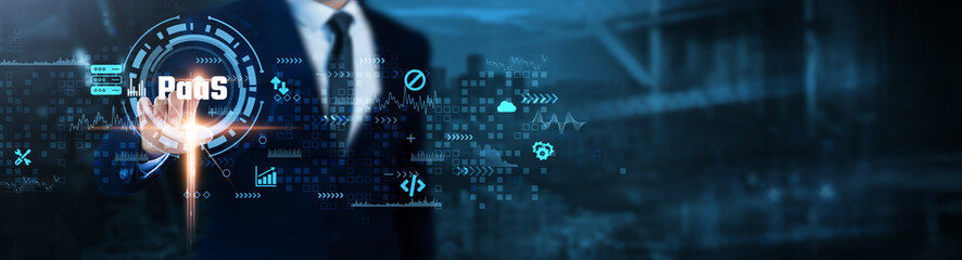 PaaS: Cloud computing, platform integration, scalability, application development, service deployment, infrastructure management, system optimization, Businessman analyses PaaS technological data.