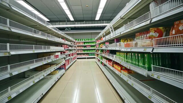 Food shortage in a supermarket with empty shelves showing the impact of economic challenges on local grocery supply during the ongoing crisis this year