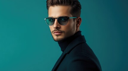 Obraz premium Stylish young adult man with slicked-back hair and sunglasses posing in a modern studio setting with a teal background, exuding elegance and confidence.