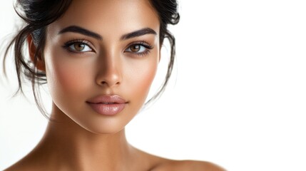 Fototapeta premium Radiant young Asian woman with fresh clean skin and natural makeup on bright white background showcasing beauty and skincare with soft lighting.