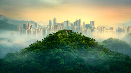 Obraz premium Lush Hilltop Jungle View of City Skyline at Sunrise; Urban Development & Nature Coexistence