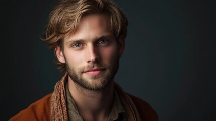 Fototapeta premium Elegant young adult man with wavy blonde hair and a well-groomed beard posed in a studio setting with dark background, showcasing charm and confidence.