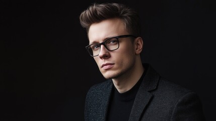 Obraz premium Elegant young man with styled hair in black tailored blazer and glasses against dark background, showcasing sophistication and confidence in studio portrait.
