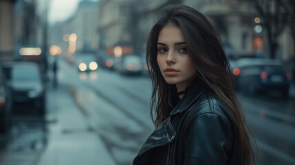 Fototapeta premium Brunette young woman in a black leather jacket confidently poses on a rainy city street with blurred traffic and urban scenery in the background