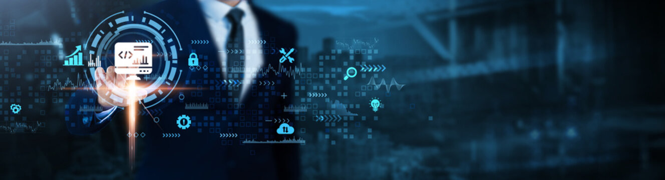 Software Development: Coding, debugging, testing, deployment, version control, collaboration, documentation, Businessman analyzes software development technological data.