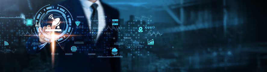 Telecommunications: Network infrastructure, data transmission, wireless connectivity, signal processing, digital communication, broadband technology, Businessman analyzes real-time technological data.