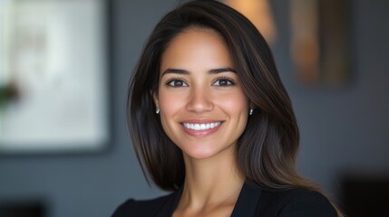 Fototapeta premium Professional headshot of confident young Hispanic businesswoman smiling brightly in corporate office environment with soft lighting and modern decor.