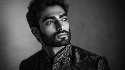Fototapeta premium Elegant grayscale portrait of a handsome South Asian man wearing an ornate traditional outfit, set against a softly textured background.