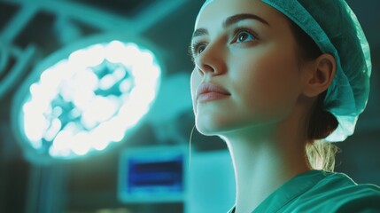 Thoughtful young female doctor in green surgical uniform gazing at X-ray under bright blue surgical lights in modern operating room setting.