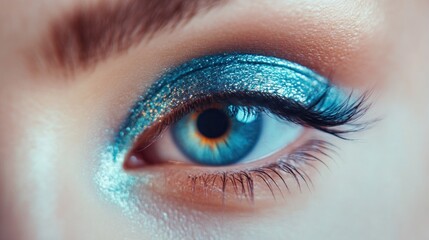 Obraz premium Close-up of Woman's Eye with Long Blue Ombre Eyelash Extensions and Sparkling Blue Eyeshadow Featuring Vibrant Color Contrast and Selective Focus