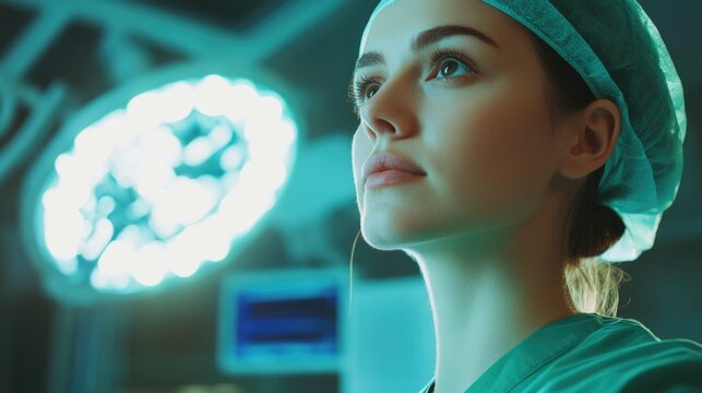 Thoughtful young female doctor in green surgical uniform gazing at X-ray under bright blue surgical lights in modern operating room setting.