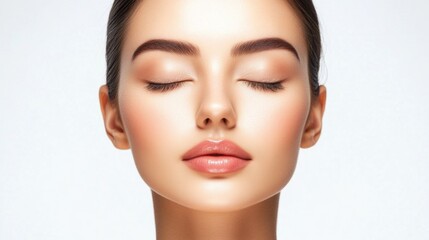 Fototapeta premium Radiant young Asian woman with flawless skin and closed eyes against a soft white background showcasing skincare and beauty treatments in a cosmetology setting