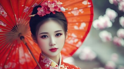 Elegant Asian woman with traditional attire and red parasol surrounded by blooming flowers in a serene outdoor setting.