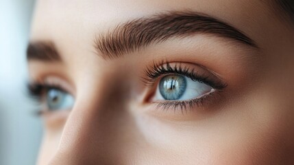 Obraz premium Close-up of beautiful young womanâ€™s eyes with eyelash extensions and perfect skin in beauty salon natural lighting showcasing skincare and cosmetology treatments