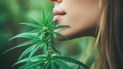 Naklejka premium Woman softly inhaling aromatic cannabis plant in lush green outdoor cannabis farm field representing natural herbal medicine and CBD oil industry