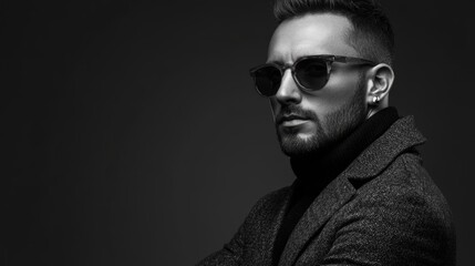 Obraz premium Stylish confident man with short hair wearing sunglasses and a dark coat in a dramatic black and white studio fashion portrait against a neutral background