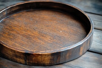 A wooden tray sits atop a wooden table