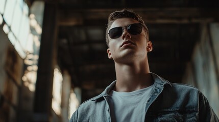 Fototapeta premium Stylish young man with black sunglasses posing confidently in an industrial setting with natural light filtering through large windows.