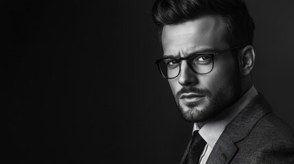 Fototapeta premium Stylish young adult man in a tailored suit with glasses, posing confidently in a minimalist studio setting, featuring dramatic lighting and deep shadows.