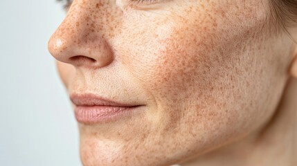 Close-up portrait of a middle-aged Caucasian woman with light brown skin showcasing freckles and age spots against a neutral background