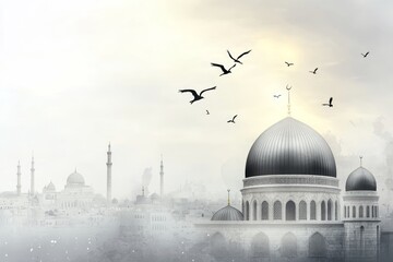Obraz premium Majestic Mosque in a Misty Morning: A Stunning Architectural Masterpiece