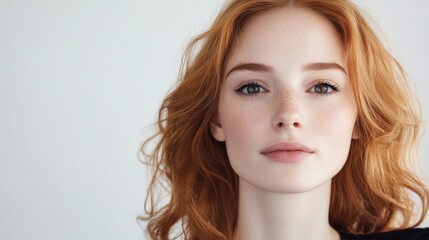 Naklejka premium Beautiful young woman with wavy auburn hair and freckles, gracefully posed against a soft white background, exuding confidence and charm.