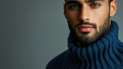 handsome biracial man with dark hair and beard wearing a cozy blue knitted sweater against a soft grey background showcasing facial features and expression