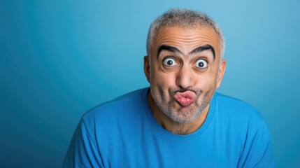 Fototapeta premium Middle-aged Arab man in bright blue t-shirt making comical fish face expression against soft blue background showcasing humor and playfulness