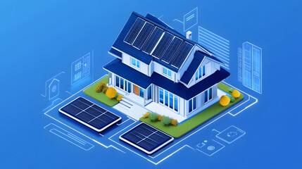 Naklejka premium Smart home with energy-saving solar panels and storage systems that enable efficient and eco-friendly energy consumption.