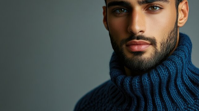 handsome biracial man with dark hair and beard wearing a cozy blue knitted sweater against a soft grey background showcasing facial features and expression - Powered by Adobe