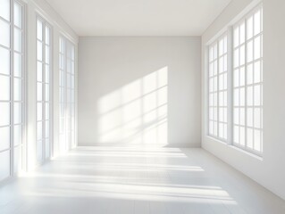 Sunlit empty room with white walls, floor, and large windows. Minimalist interior design.