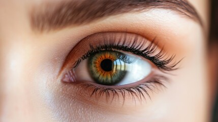 Close-up of a woman's eye showcasing eyelash extension procedure with long elegant eyelashes and striking green-brown iris tones, highlighting beauty enhancements in a serene setting.