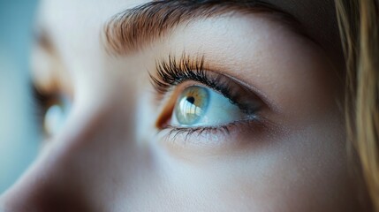 Obraz premium Close-up of beautiful woman's eye with perfectly laminated and dyed eyelashes showcasing a rich color depth in a beauty salon setting.