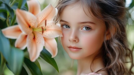 Naklejka premium Portrait of a young girl with wavy brown hair next to a soft pink lily flower in a vibrant green garden setting.