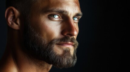 Bearded Man with Intense Blue Eyes Posing Against Black Background Capturing Masculinity and Strength in Portrait Photography