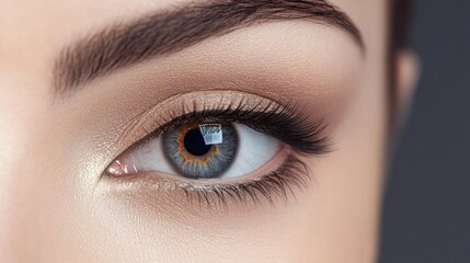 Obraz premium Close-up of a beautiful woman's eye showcasing intricate details with blue and brown hues, elegant eyelashes, and soft skin tones on a dark background.
