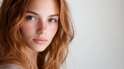 Naklejka premium Young Woman with Freckles and Wavy Ginger Hair in Soft Natural Light Studio Setting Against Neutral Background