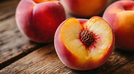  A cluster of peaches resting atop a wooden table, with one cut and a whole fruit in center