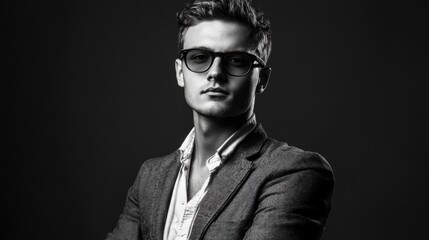 Fototapeta premium Stylish young man with glasses in a black and white studio portrait, wearing a tailored blazer, exuding confidence against a dark background.