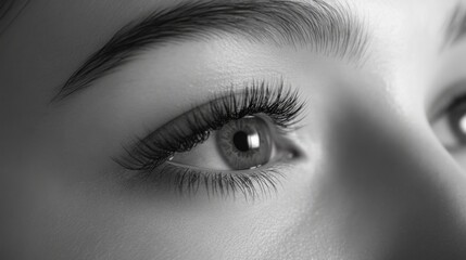 Close-up of a woman's eye showcasing long, voluminous eyelashes in a serene beauty salon setting, emphasizing the art of eyelash extension and spa care.