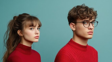 Young Adults in Cozy Red Sweaters Against a Soft Turquoise Background Showcasing Modern Fashion and Serious Expressions in Studio Portraits