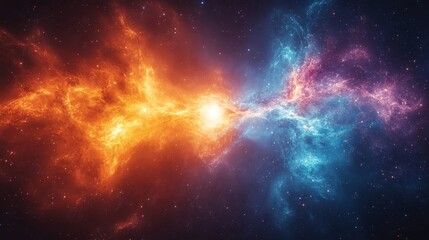 Naklejka premium Celestial Fire and Ice: A Cosmic Dance - Symbolizing creation, destruction, duality, energy, and cosmic balance, this image depicts a vibrant nebula with contrasting fiery orange and cool blue hues.