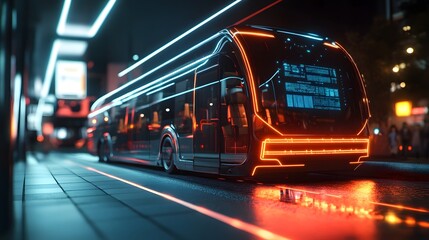 Futuristic electric bus speeding through a neon-lit city at night. Sleek design with vibrant orange accents.  High-tech display screen visible.
