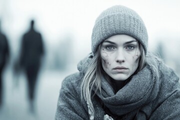 poignant scene of woman wearing tattered clothing sitting by roadside with vacant stare while background of passersby