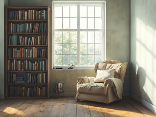 Cozy reading nook with armchair, bookshelf, and sunlit window. Perfect for relaxation and reading.